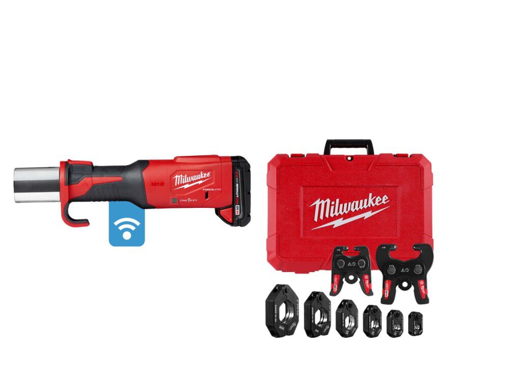 Milwaukee M18 FORCE LOGIC Press Tool with ONE-KEY & 1/2 Inch – 2 Inch CTS-V Pivoting Press Ring Kit Bundle