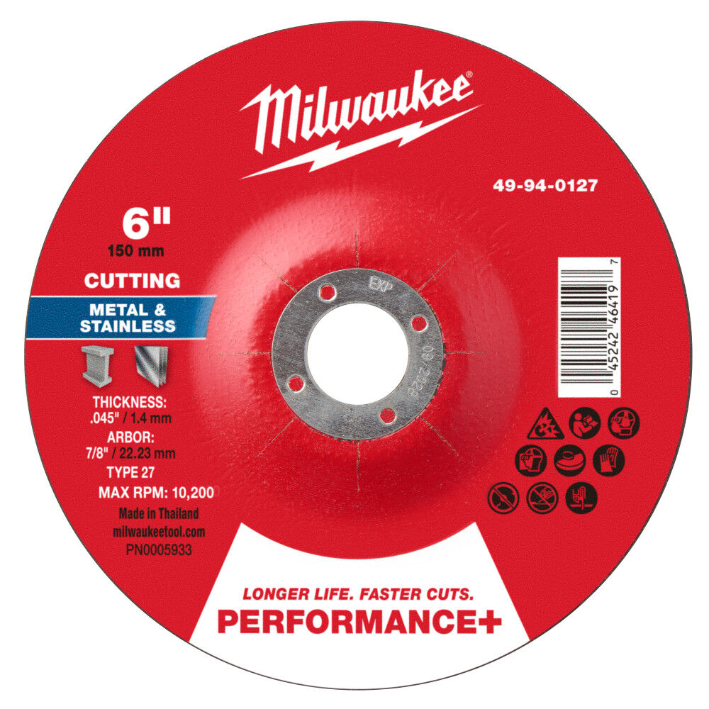 Milwaukee 6 Inch x .045 Inch x 7/8 Inch Performance+ Metal Cut Off Wheel Type 27