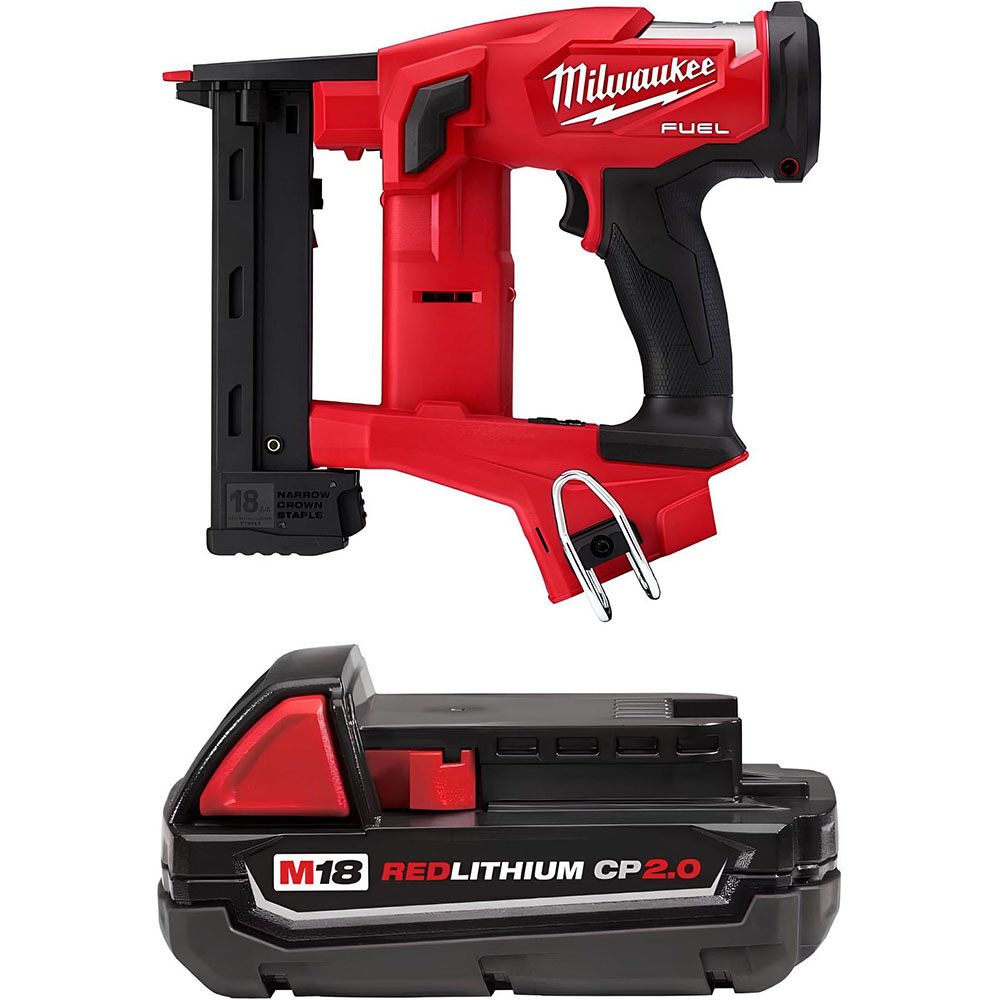 Milwaukee M18 1/4 Inch Narrow Crown Stapler and Redlithium CP2.0 Battery Bundle