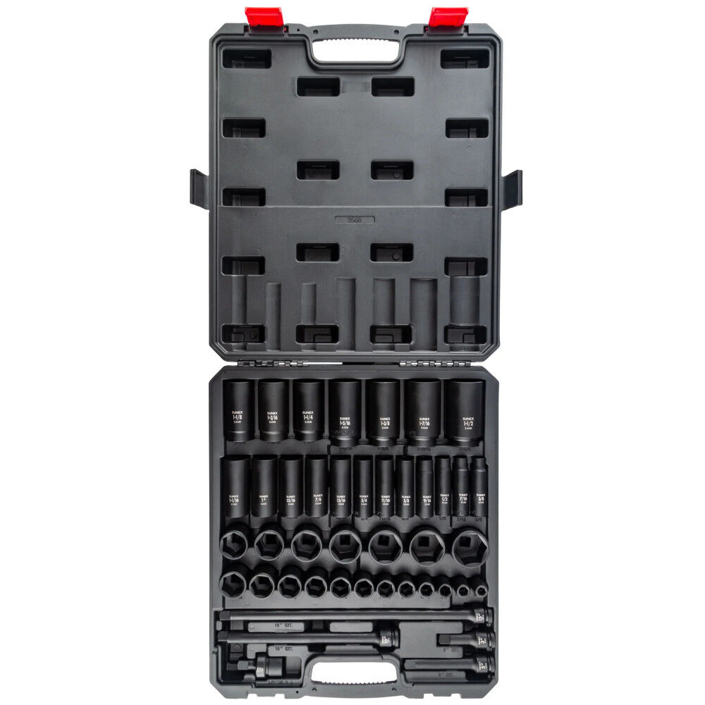 Sunex 1/2 Inch Drive Sae 6 Point Standard & Deep 43 Piece Master Impact Socket Set