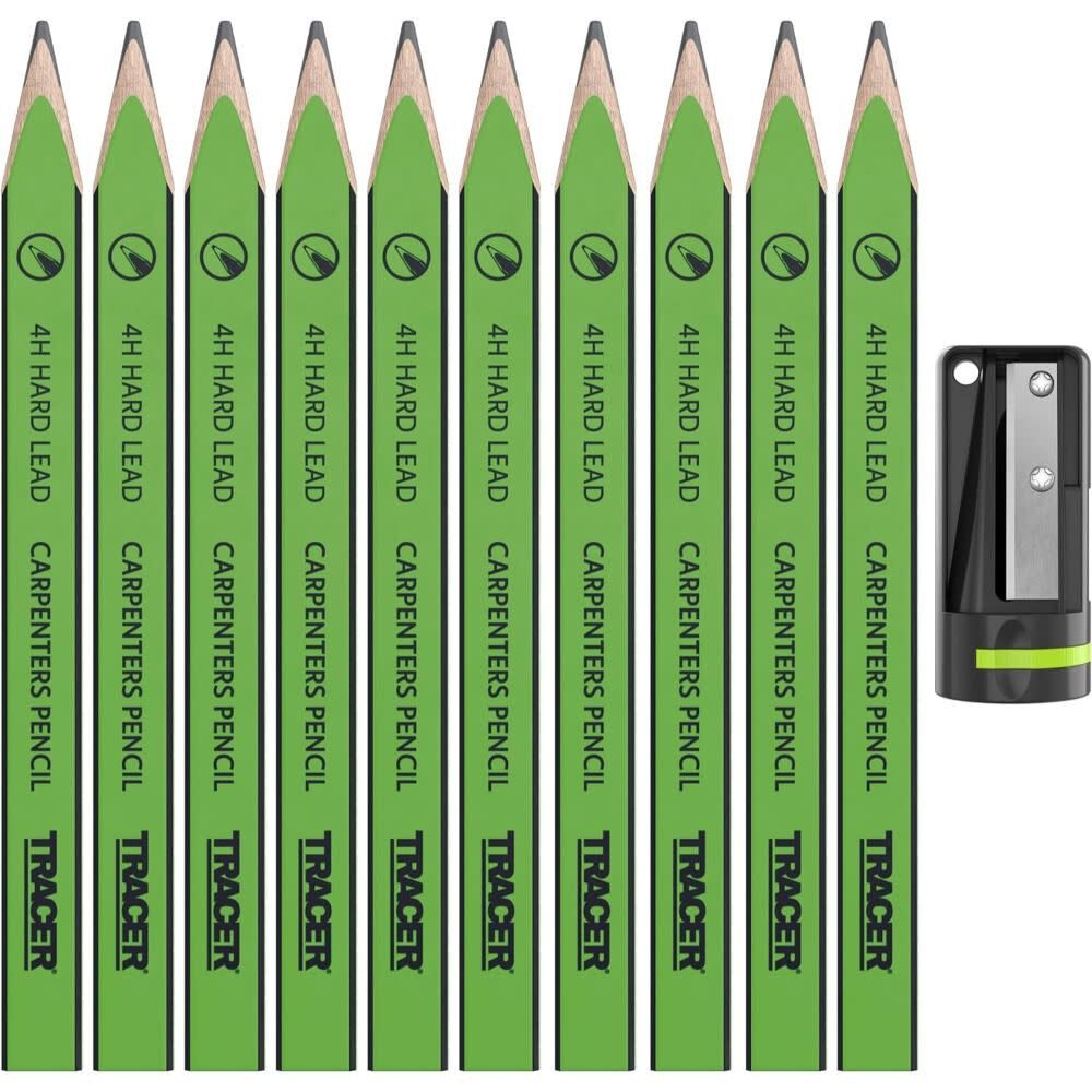 Tracer Green Hard Lead 4H Carpenters Pencils with Sharpener, 10 Pieces