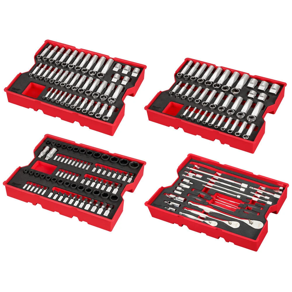 Milwaukee 1/4 Inch, 3/8 Inch, and 1/2 Inch Drive Metric and SAE Ratchet and Socket Set with Trays for PACKOUT Drawers, 242 Pieces