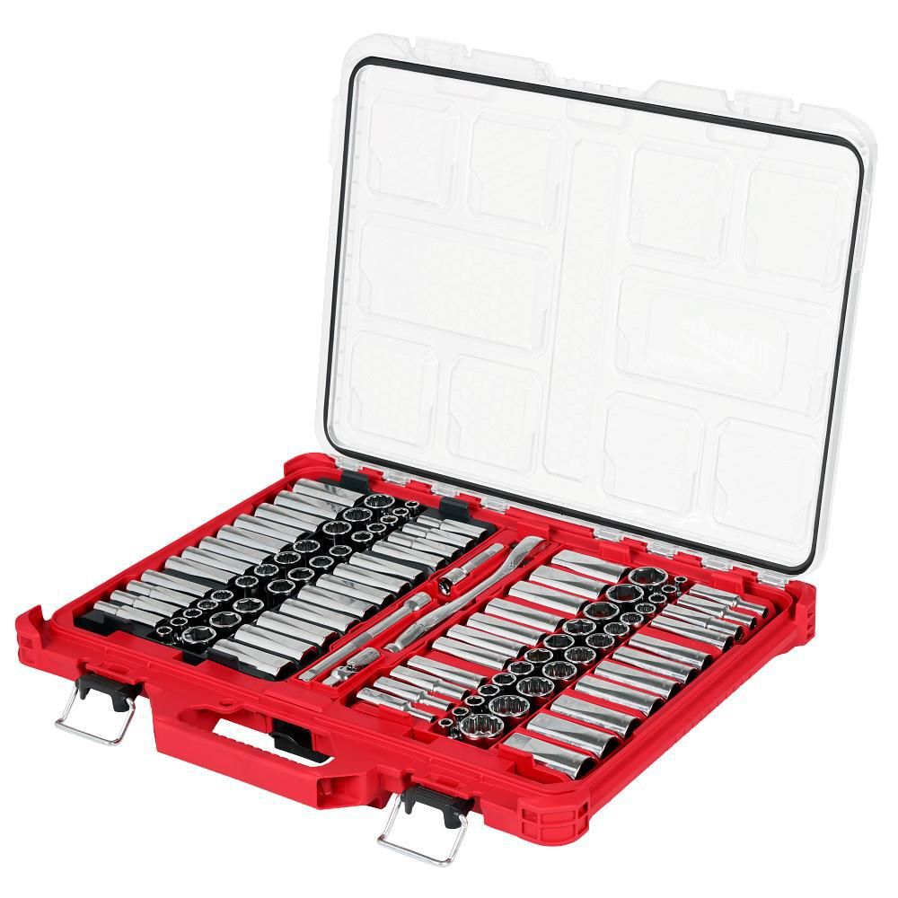 Milwaukee 3/8 Inch 6-Point and 12-Point Metric and SAE Ratchet and Socket Set with PACKOUT Low-Profile Organizer, 98 Pieces