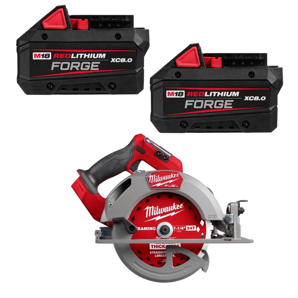 Milwaukee 7-1/4 Inch Circular Saw and M18 Forge XC 18V 8Ah Battery Pack with Fuel Indicator Bundle