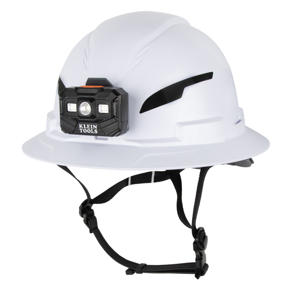Klein Tools Class C Type 2 Hard Hat Vented Full Brim with Chin Strap and Headlamp
