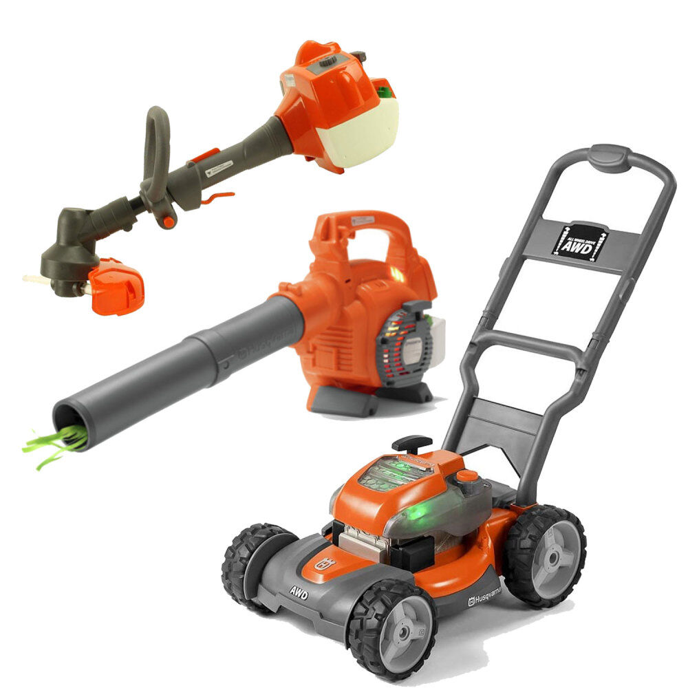 Husqvarna Battery Operated Toy Lawn Mower, Leaf Blower, and String Trimmer