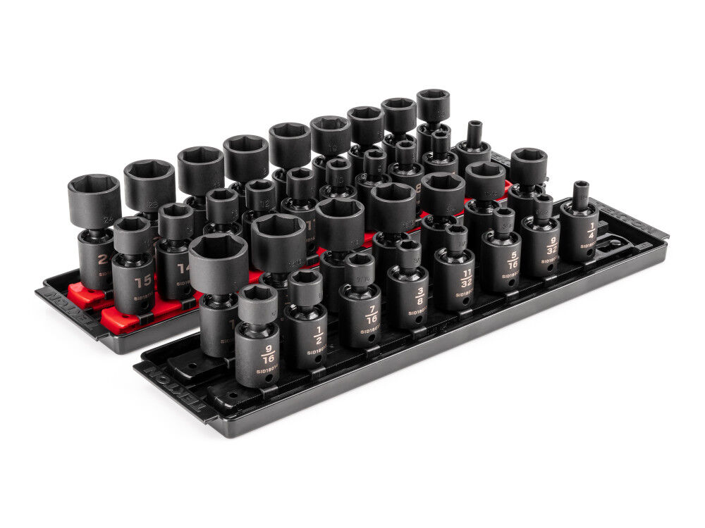 Tekton 3/8 Inch 6 Point U-Joint Impact Socket Set, 34 Pieces 1/4-1 in, 6-24 mm
