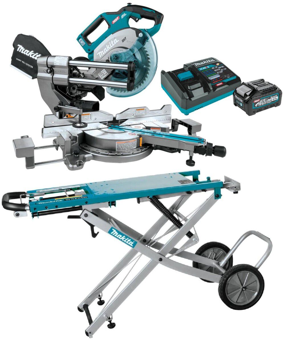 Makita 40V Max XGT 8 1/2 Inch Dual Bevel Sliding Compound Miter Saw, Stand & 4Ah Battery and Charger Starter Pack