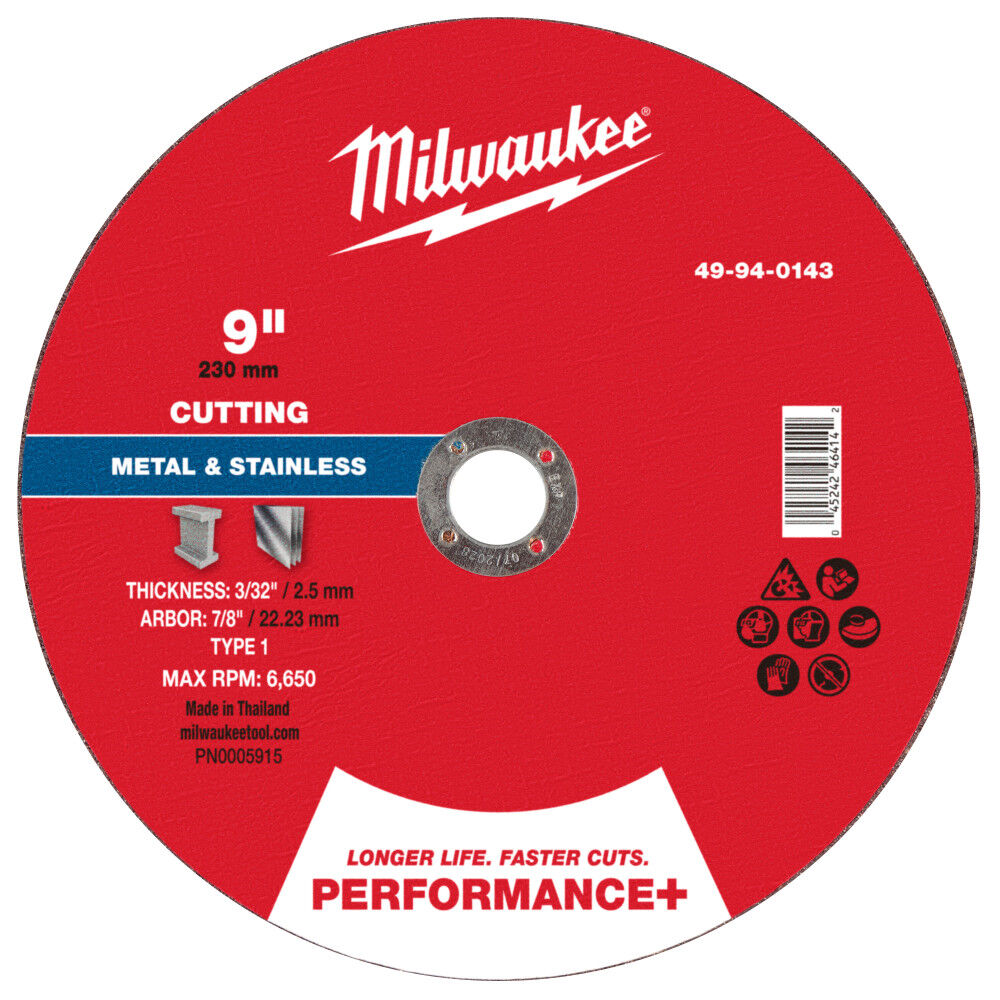 Milwaukee 9 Inch x 3/32 Inch x 7/8 Inch Performance+ Metal Cut Off Wheel Type 1