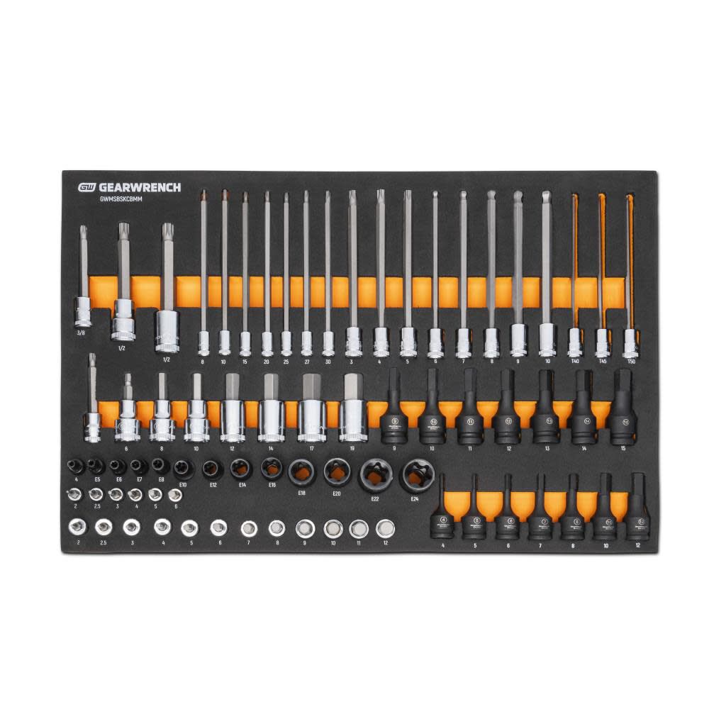 GEARWRENCH 1/4, 3/8, 1/2 Drive Metric Bit Socket Set in Foam Storage Tray 74pc