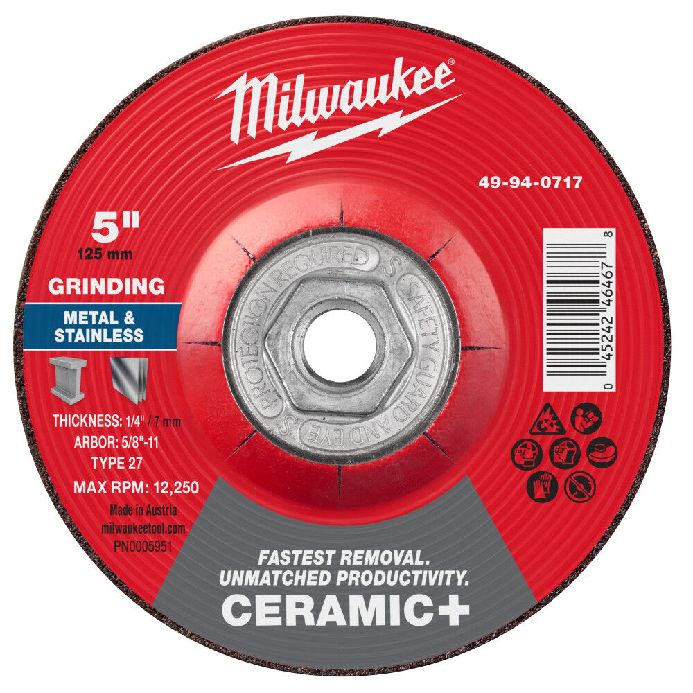 Milwaukee 5 Inch x 1/4 Inch x 5/8 Inch-11 Ceramic+ Metal Grinding Wheel Type 27